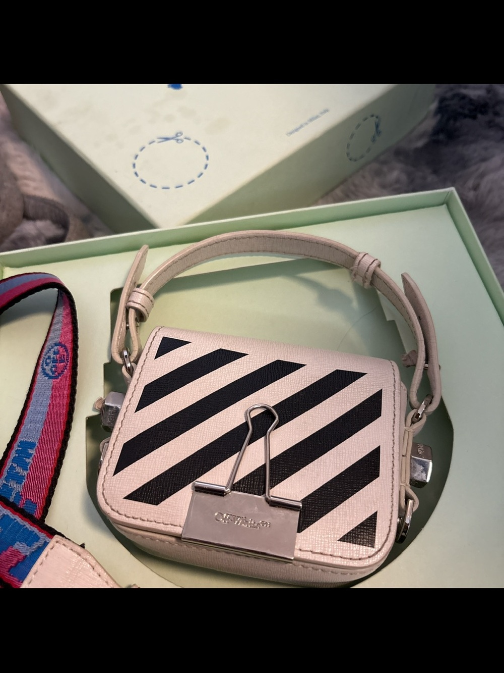 Off-White Mini Handbag in White with Black Diagonal Stripes